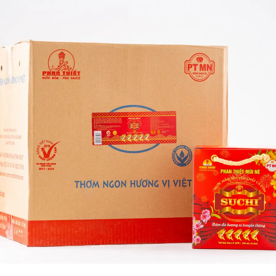[SC60N180TT60] Nước Mắm Truyền Thống Nguyên Chất SUCHI  60 độ Đạm ( 60N ) ,FDA xuất khẩu Amazon Mỹ,  có OCOP và Chỉ Dẫn Địa Lý - Thùng 10 Hộp, 60 Chai Thủy Tinh 180ml 