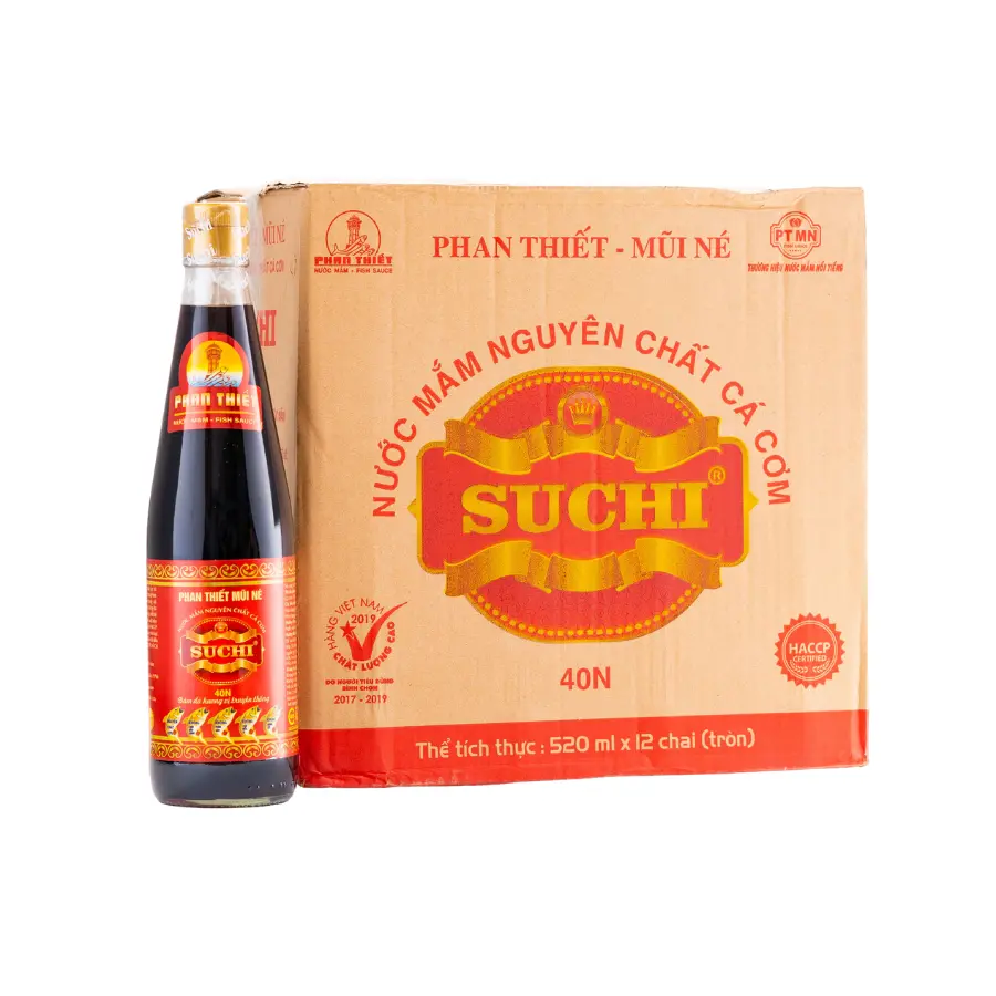[SC40N520TT12] Nước Mắm Truyền Thống Nguyên Chất SUCHI  40 độ Đạm ( 40N ) ,FDA xuất khẩu Amazon Mỹ,  có OCOP và Chỉ Dẫn Địa Lý - Thùng 12 Chai Thủy Tinh 520ml 